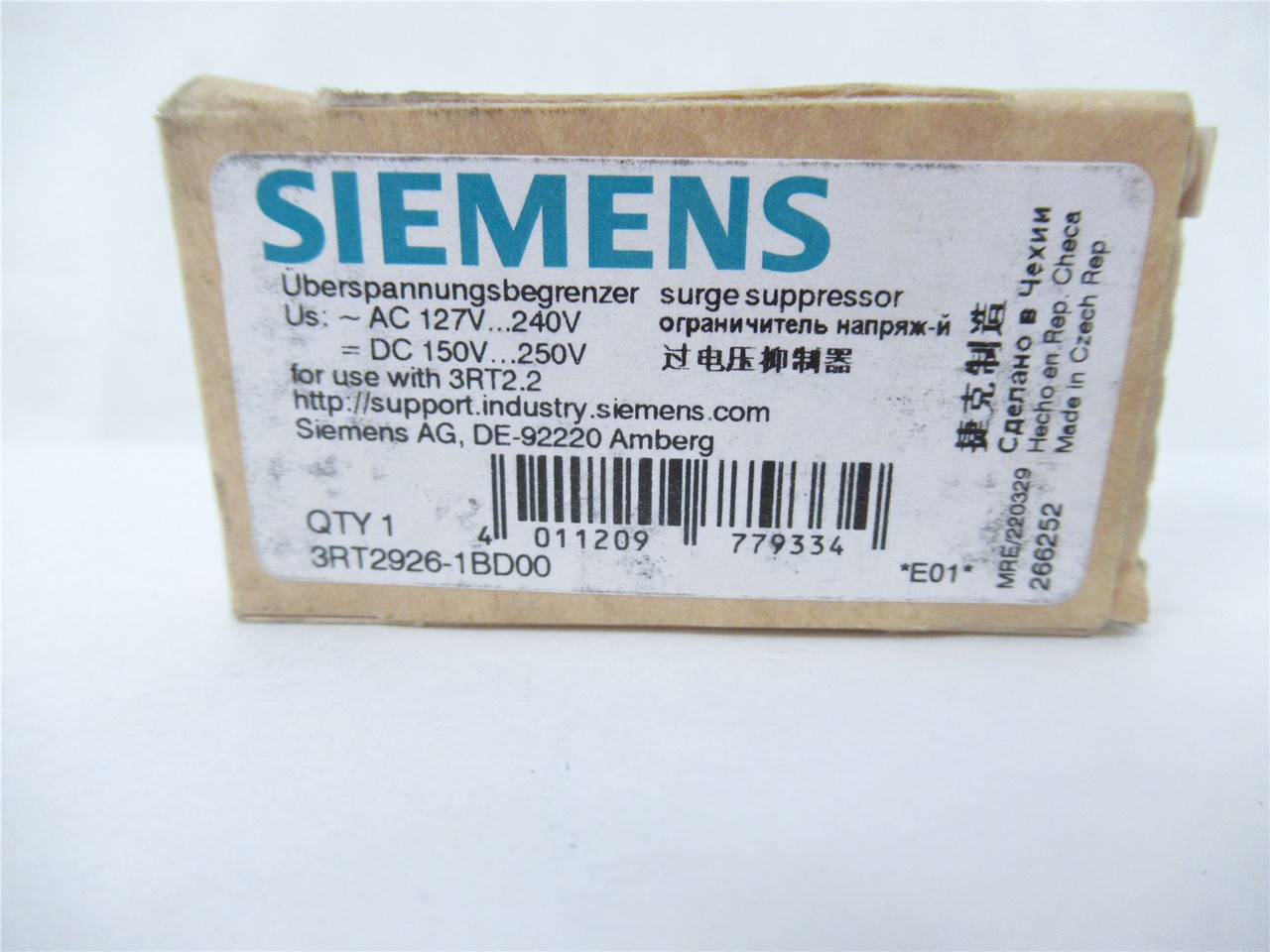 Siemens 3RT2926-1BD00; Surge Suppresr S0 Varistor Ac 127-240