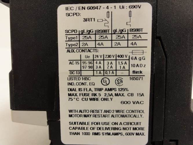 Siemens 3RU1116-0GC1; Overload Relay 0.45~0.63A; 3P; 600VAC