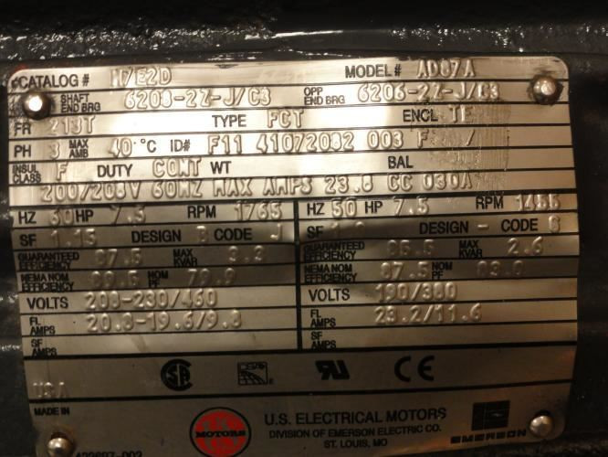 US Motors H7E2D; Electric Motor 7.5HP; 230/460VAC; 1765RPM; 3Ph