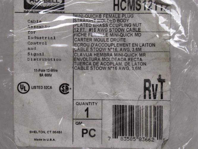 Hubbell HCMS12112; Mini-Quick Control Connector; 12' Long