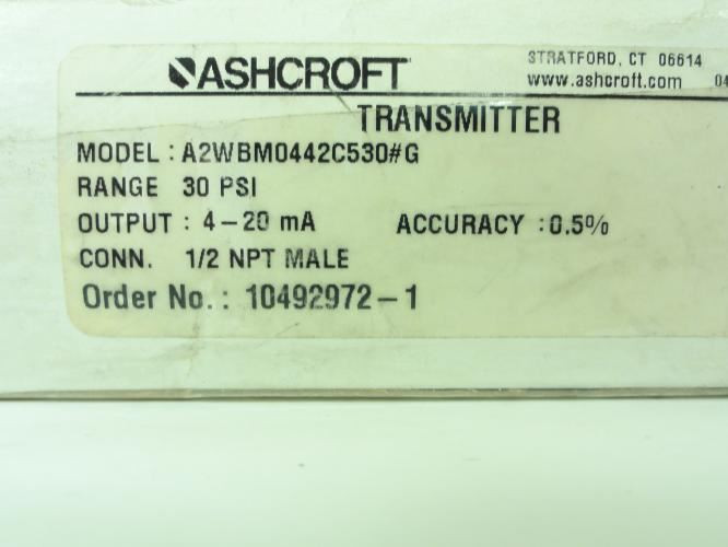 Ashcroft A2WBM0442C530#G; Pressure Transmitter;1/2"NPT;4-20mA