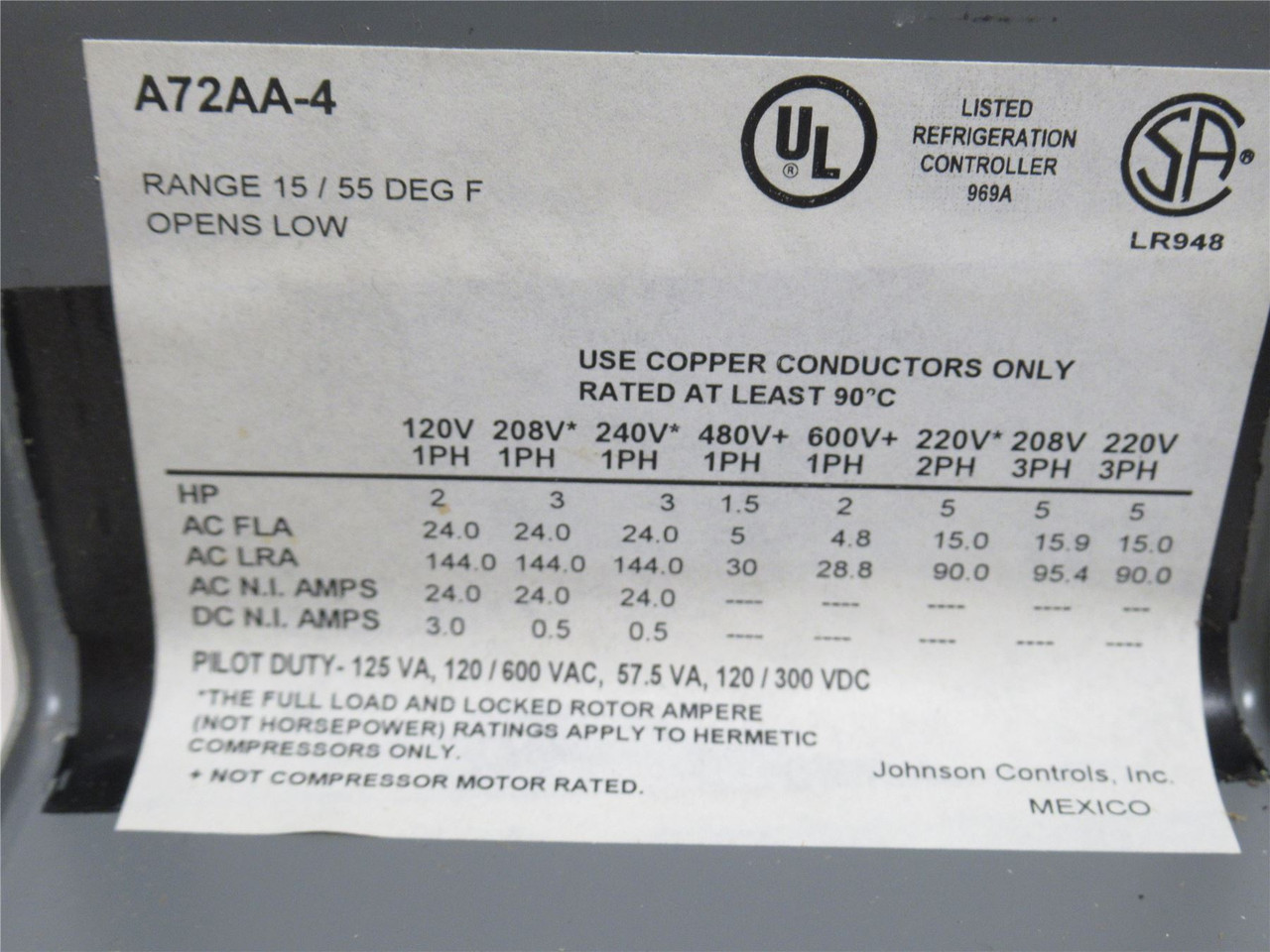 Johnson Controls A72AA-4; Thermostat/Temp Controller 15-55 Deg
