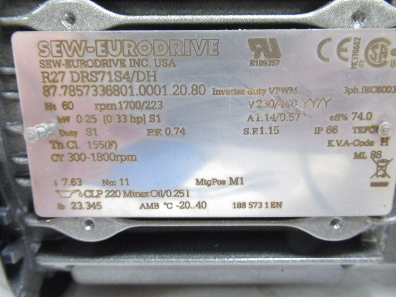 SEW R27DRS71S4/DH; AC Gearmotor; 7.63:1 Ratio; 170/223RPM; 230/460V