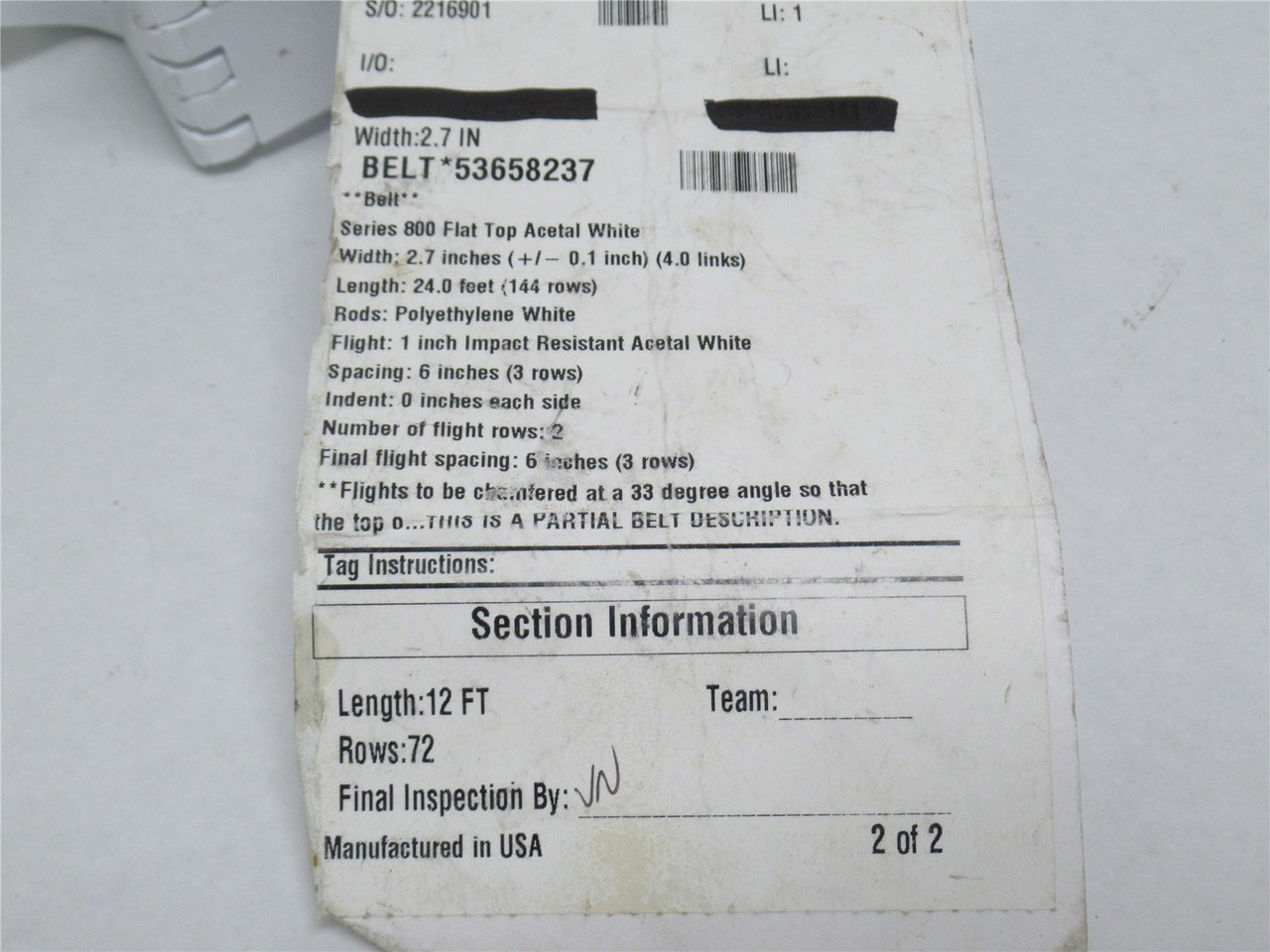 Intralox S800-2.7-12; Flighted Conveyor Belt 2.7" Wide; 12' L