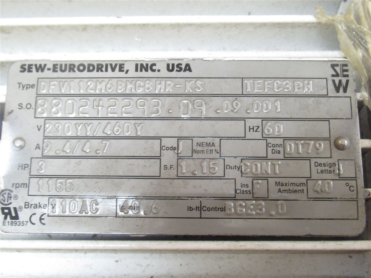 SEW-Eurodrive DFV112M6BMG8MR-KS; AC Brake-Motor; 3HP; 230/460V