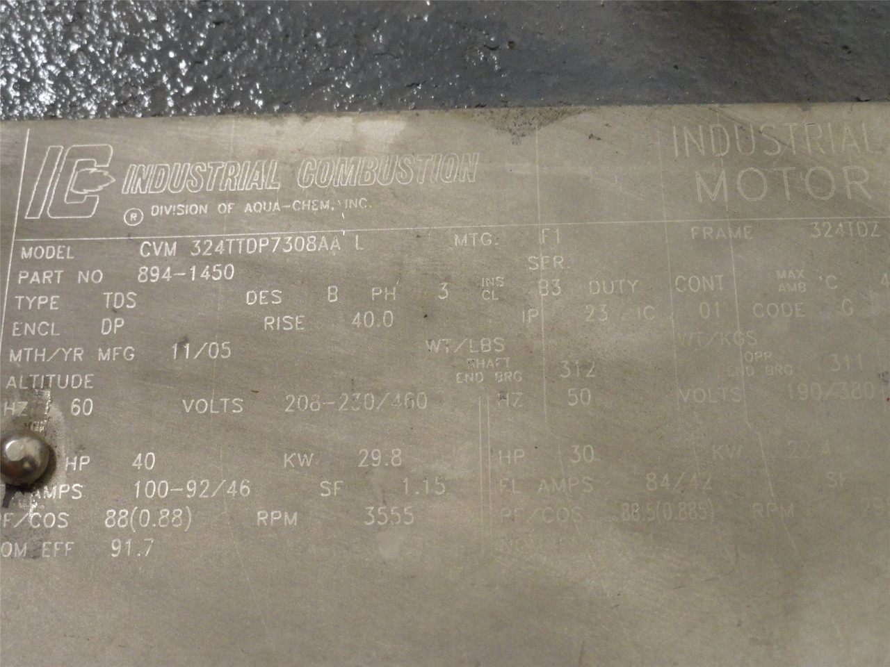 IC CVM324TTDP7308AA; AC Motor 894-1450; 40HP 208-230/460V; 3555RPM