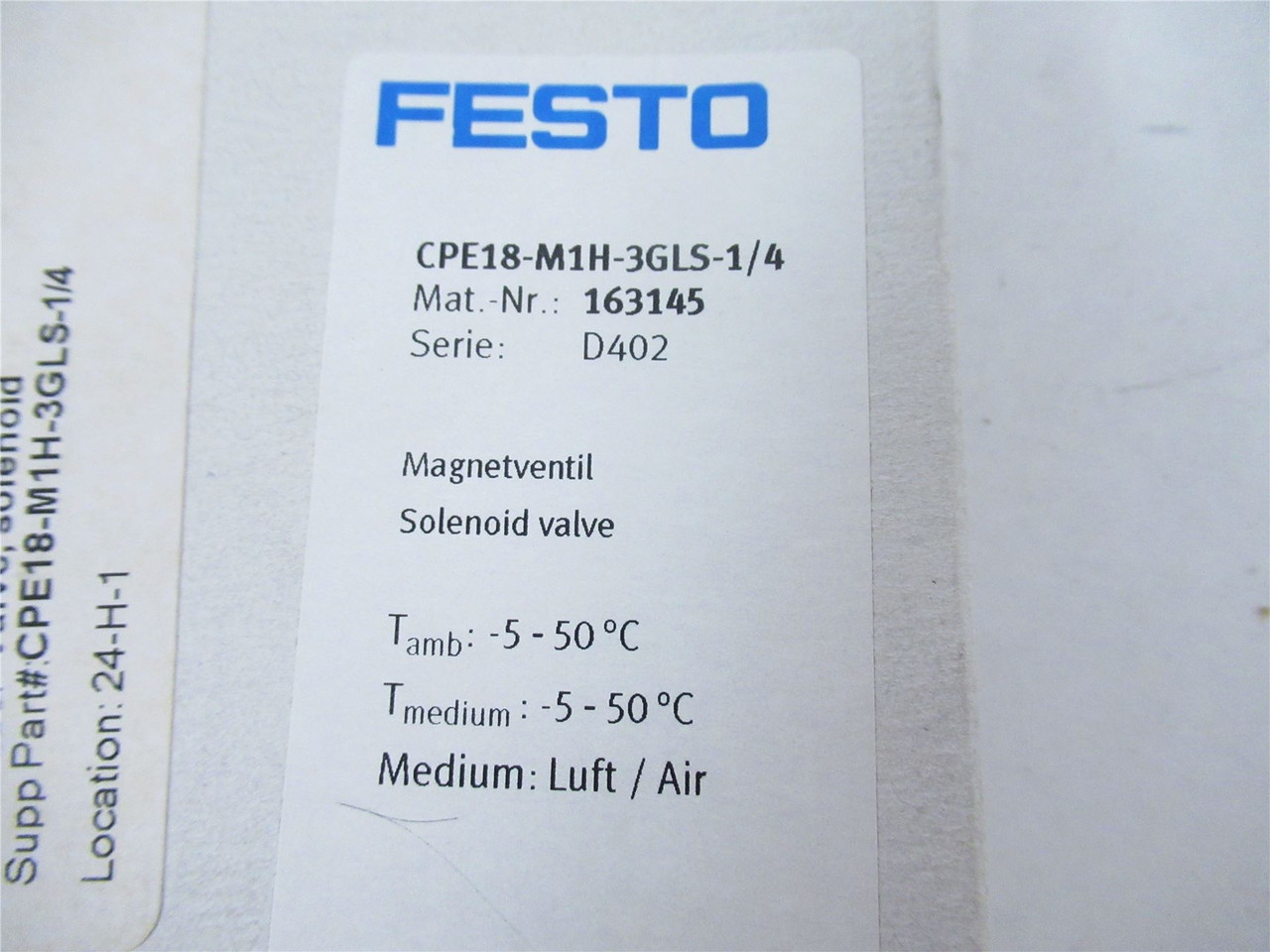 Festo CPE18-MIH-3GLS-1/4; Solenoid Valve 18mm24 VDC  3/2-WAY