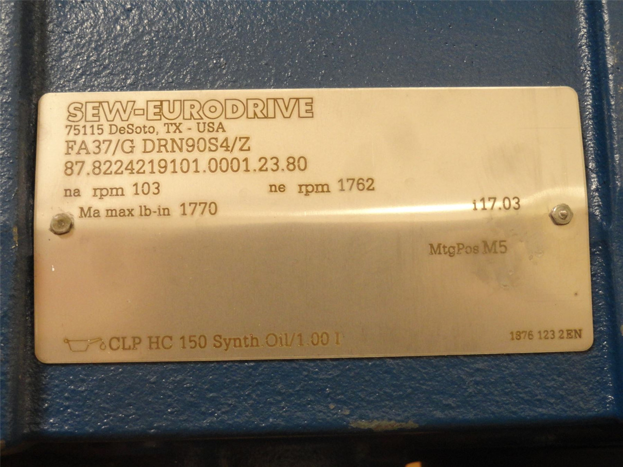 SEW FA37/GDRN90S4/Z; AC Gearmotor 17:1 Ratio 1.5HP 230/460VAC