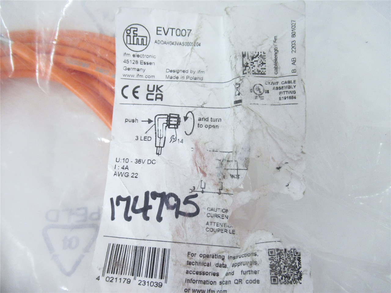 IFM Efector EVT007; Cordset; FemaleR/A M12 F 5pos 4 Wire 5m