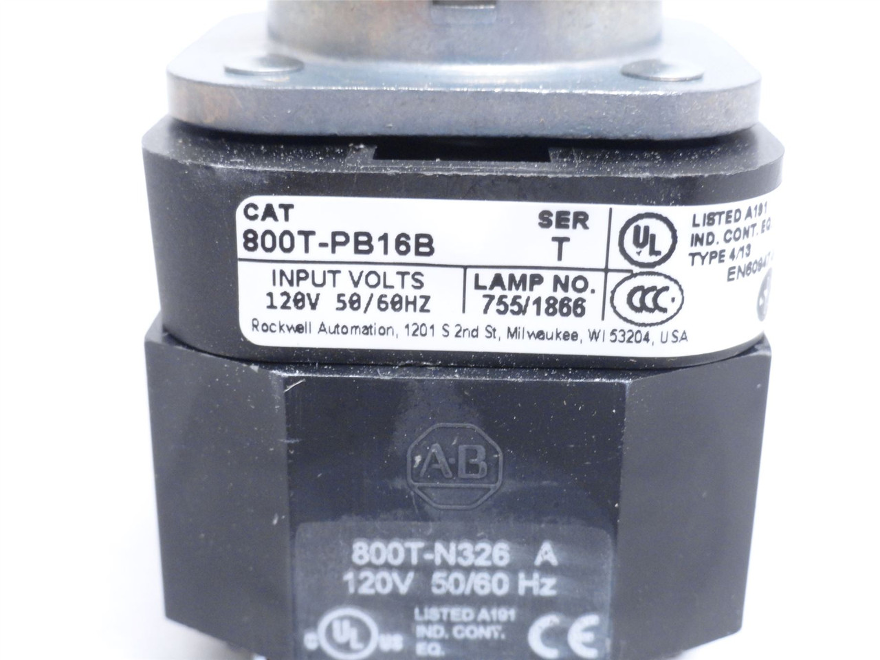 Allen-Bradley 800T-PB16B; Illuminated Blue Push Button 120VAC