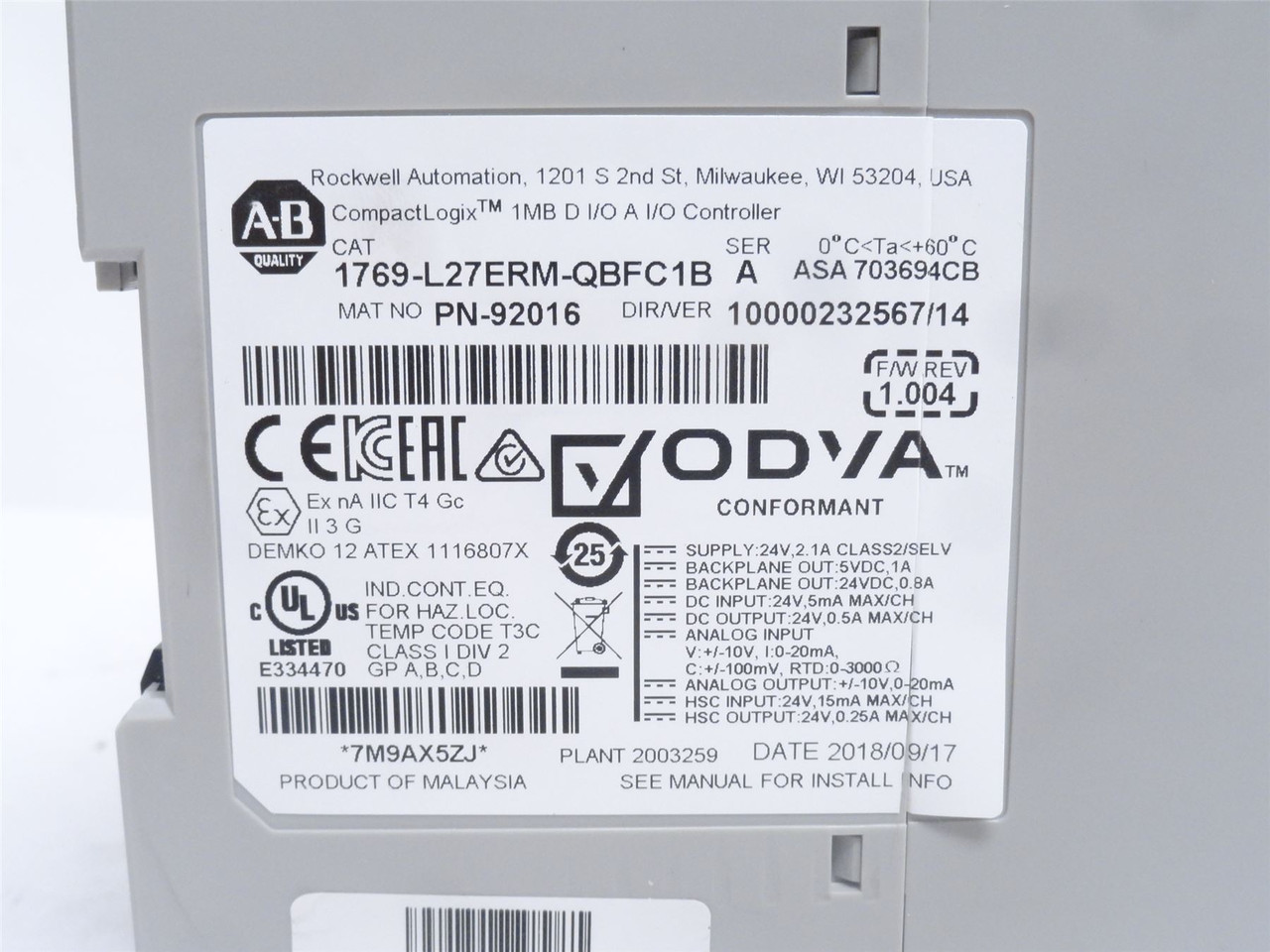 Allen-Bradley 1769-L27ERM-QBFC1B; CompactLogix 5370 L2