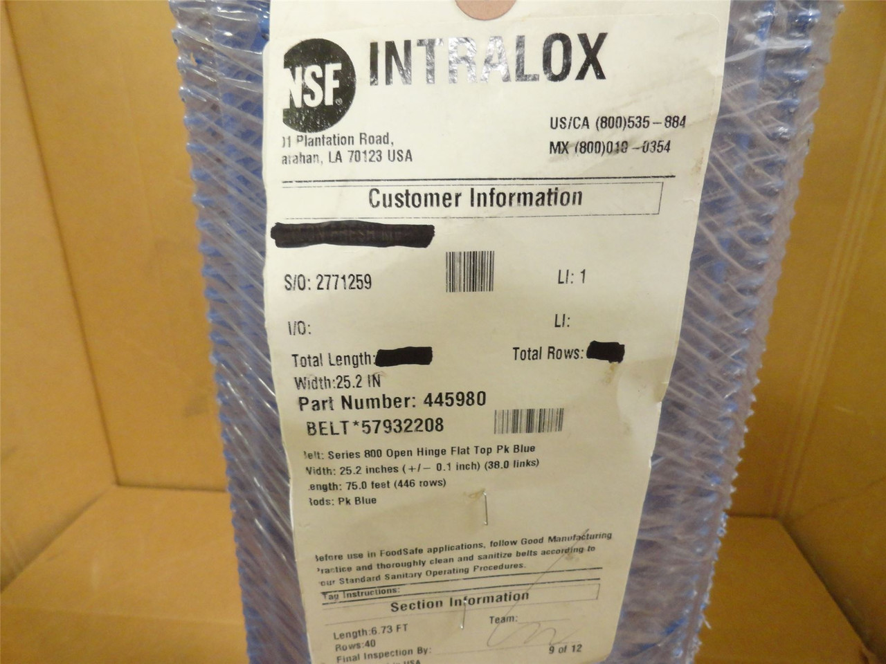 Intralox 445980-6.73'; Series 800 Flat Top 25.2"W x 6.73'L