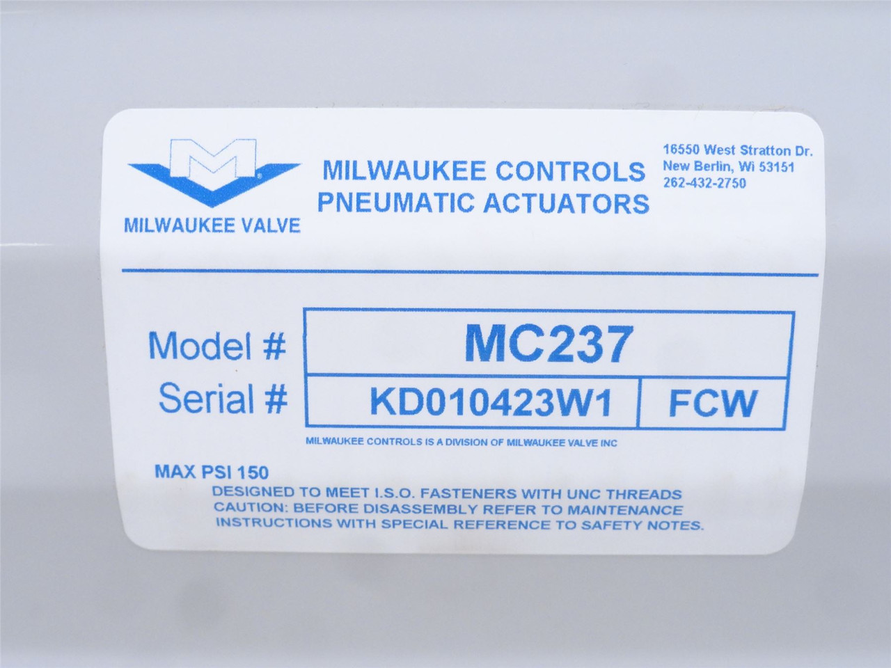 Milwaukee MC237; Double Acting Pneumatic Actuator