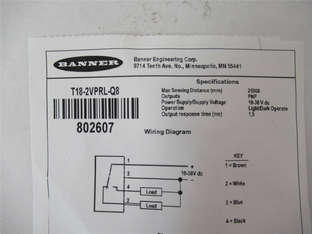 Banner T18-2VPRL-Q8; Photo Sensor 25M Range Input 10-30 V DC