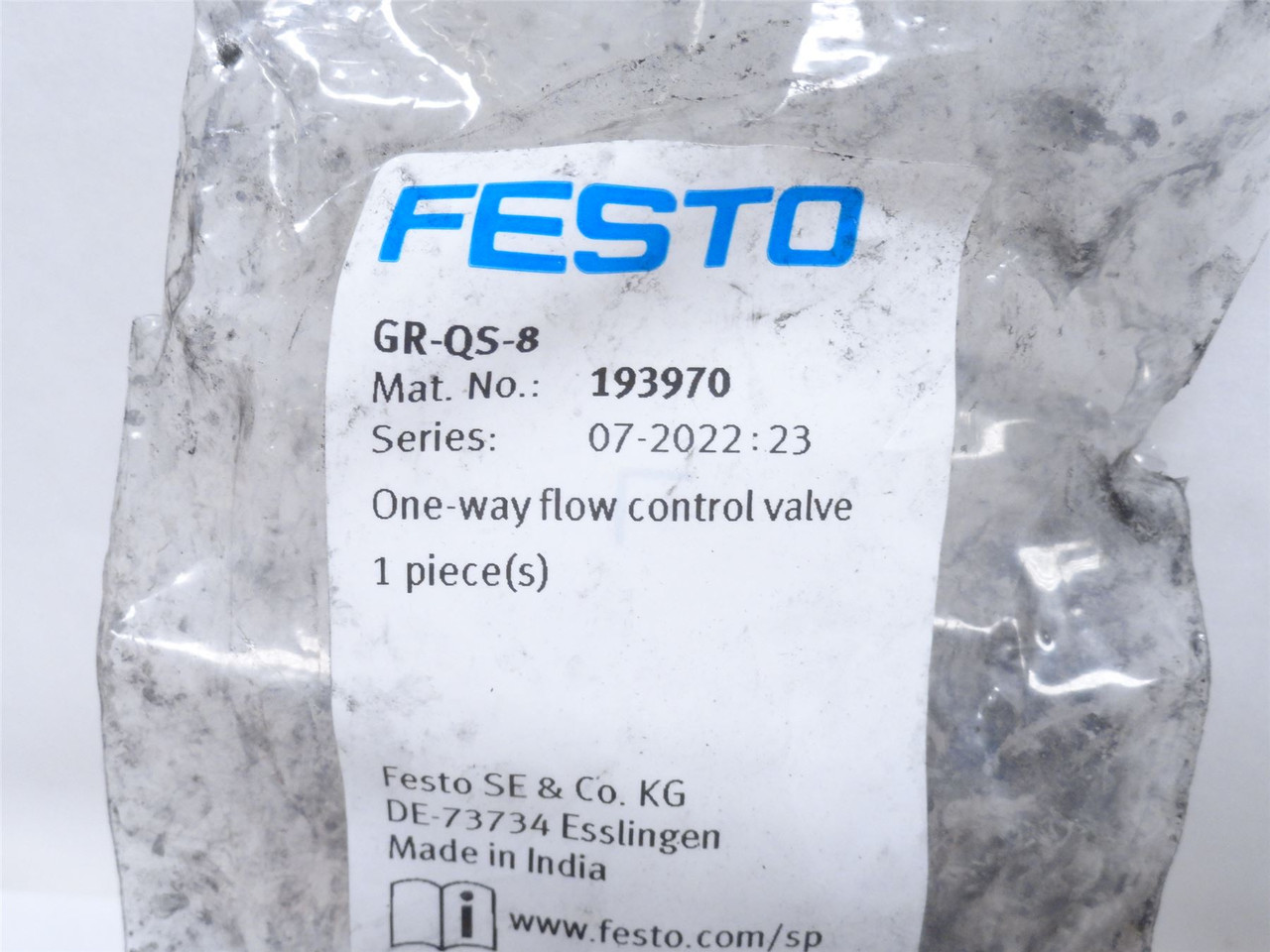 Festo GR-QS-8; One-way Flow Control Valve 193970; 8mm PTC