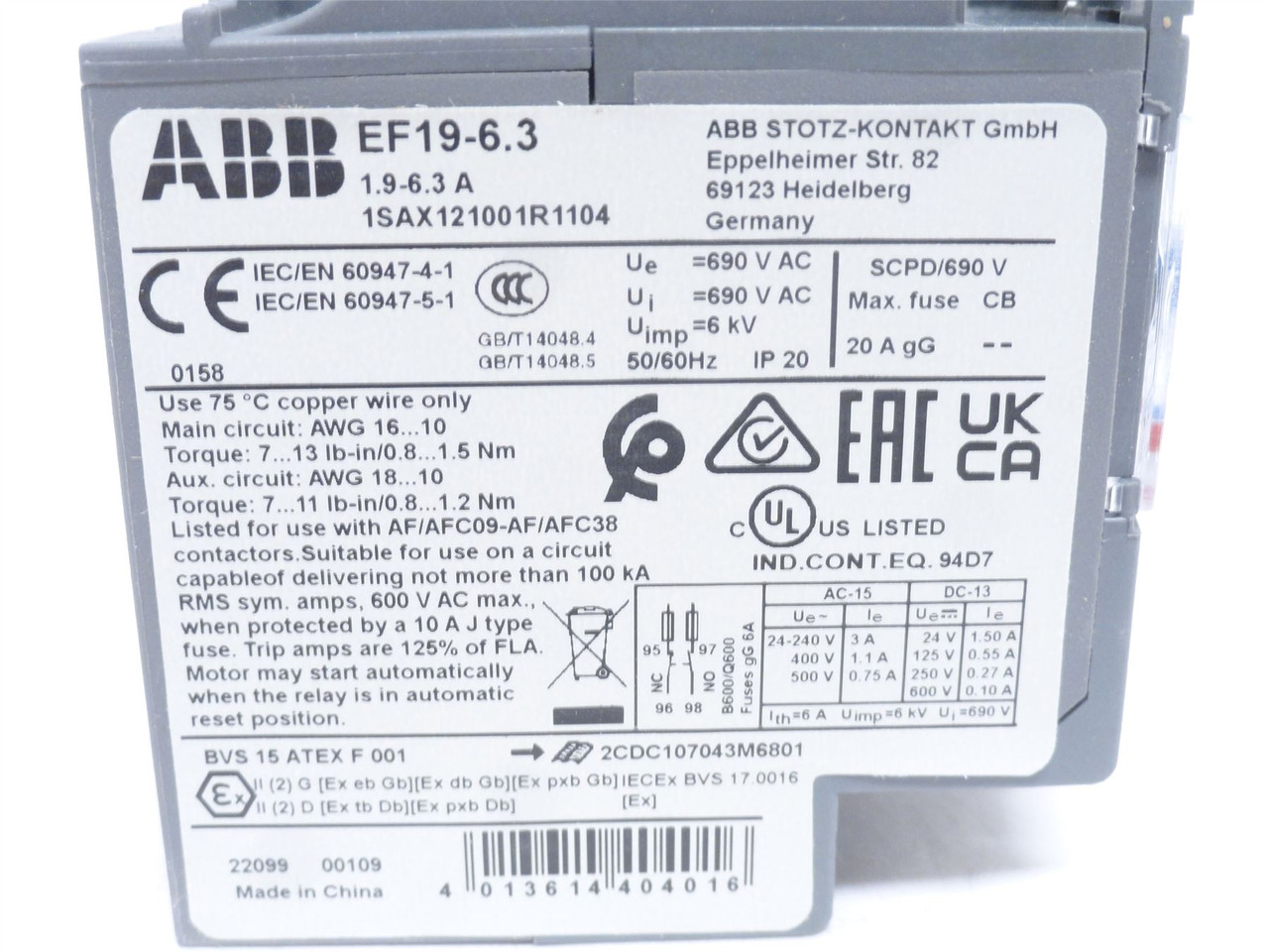 ABB EF19-6.3; Overload Relay; 1.9-6.3A; 3P; 600VAC