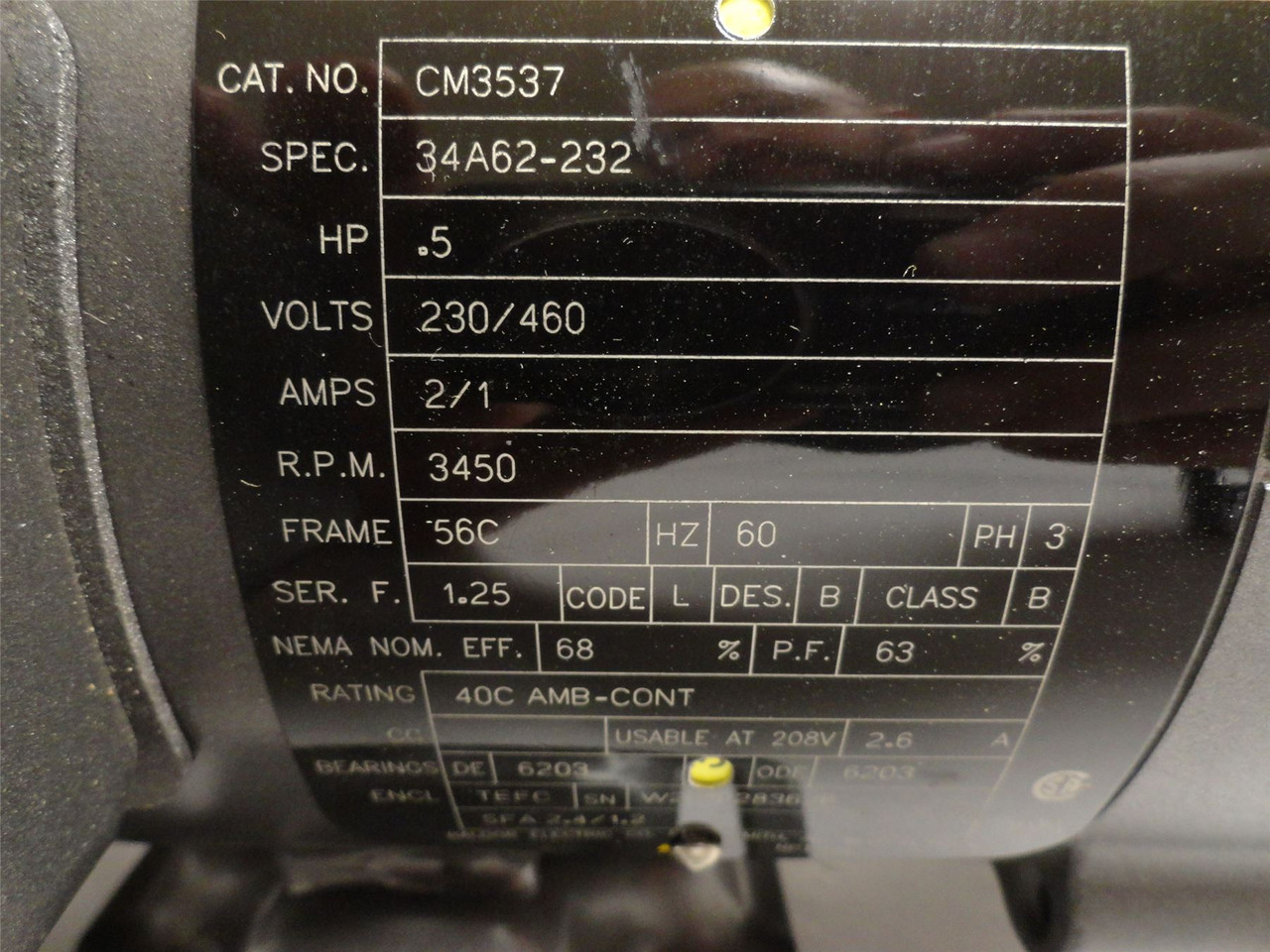 Baldor CM3537; AC Motor; 1/2HP; 230/460V; 3450RPM; 3-Phase