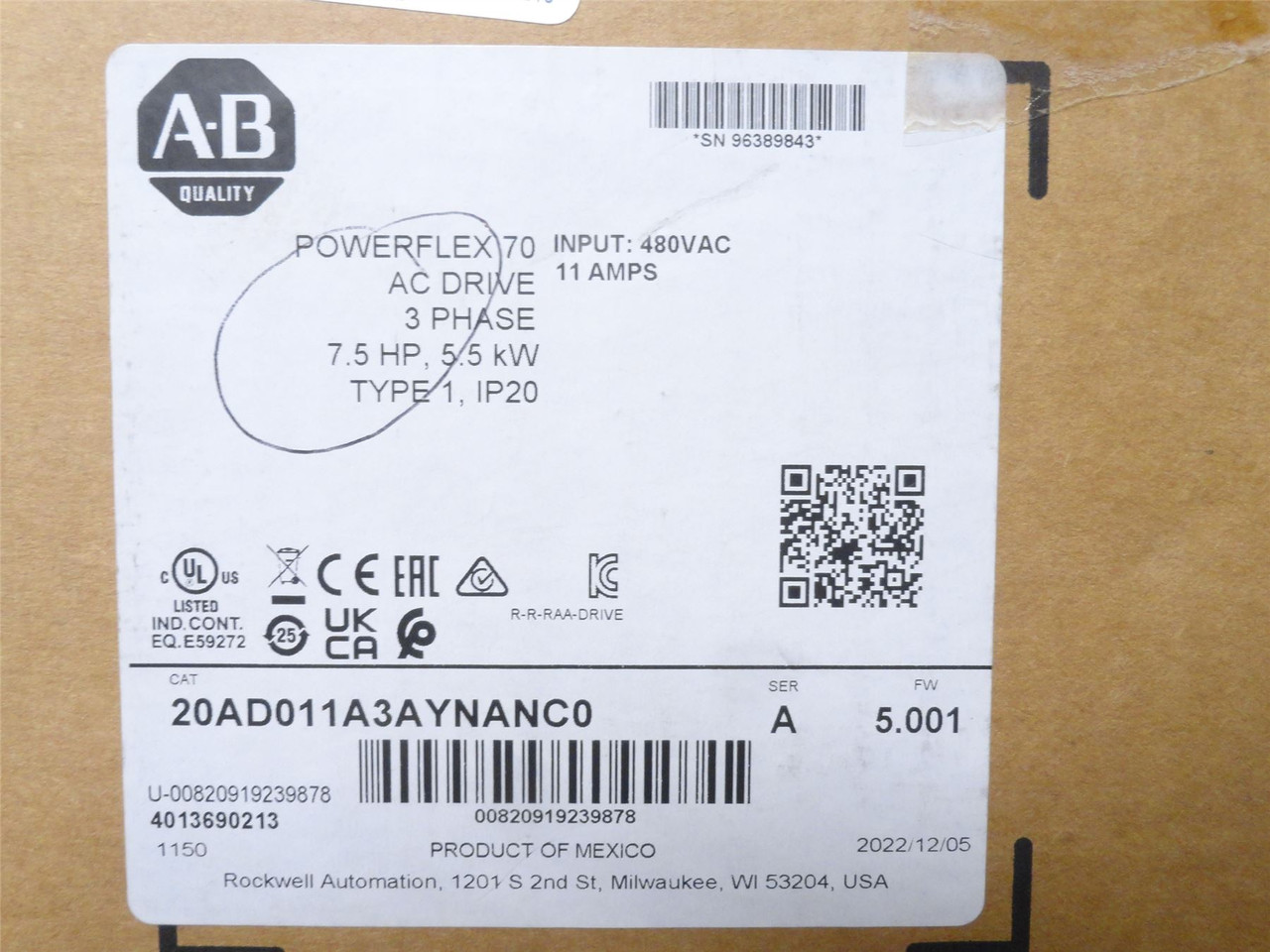 Allen-Bradley 20AD011A3AYNANCO; AC Drive 7.5Hp 480VAC 11A