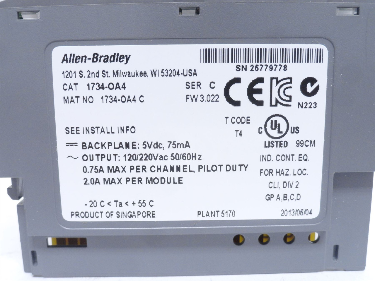 Allen-Bradley 1734-OA4; Digital Output Module; 5VDC; 75mA In