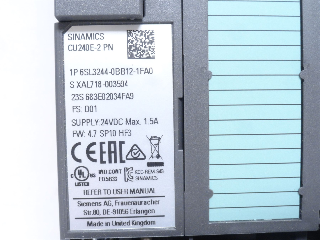 Siemens 6SL3244-0BB12-1FA0; SINAMICS G120 Control Unit; 24VDC