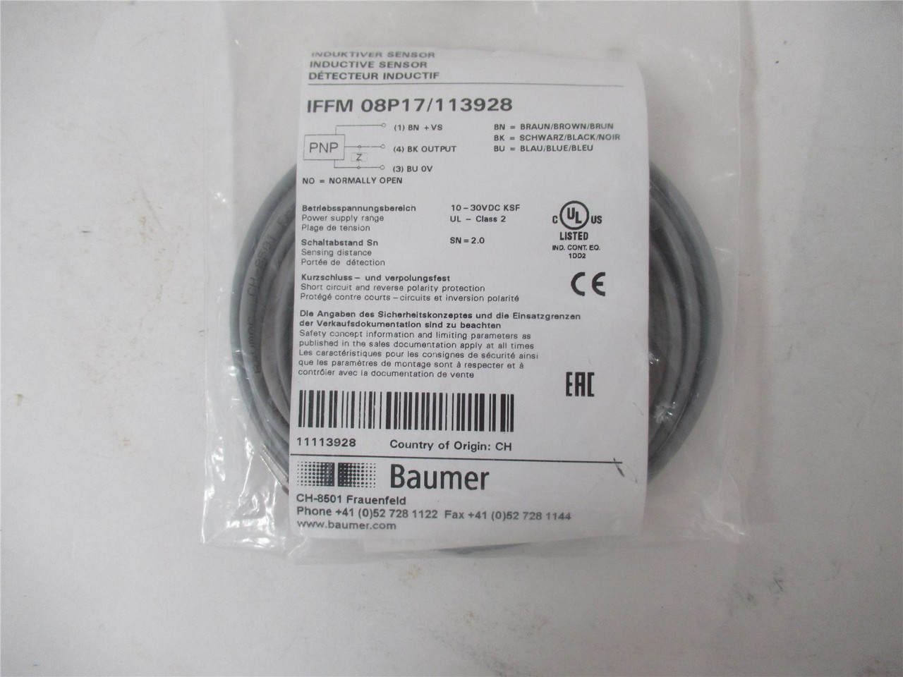 Baumer IFFM 08P17/113928; Inductive Proximity Sensor 2MM SN