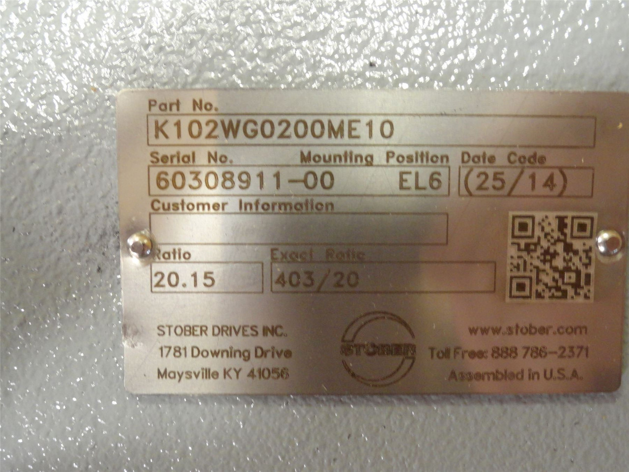 Stober K102WG0200ME10; Gearbox; 20.15:1 Ratio; RA