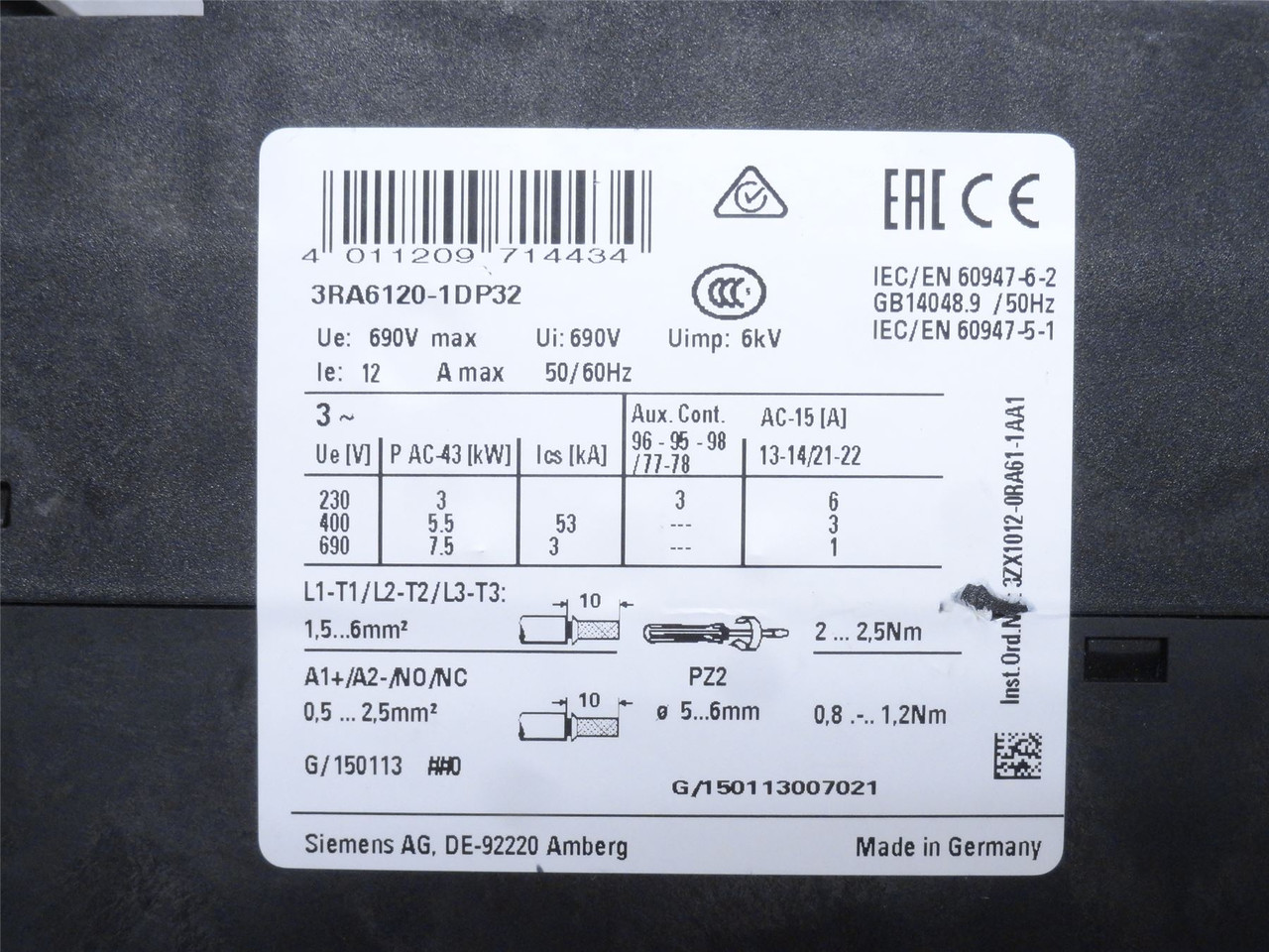 Siemens 3RA6120-1DP32; Motor Starter; 3P; 3-12A; 690VAC