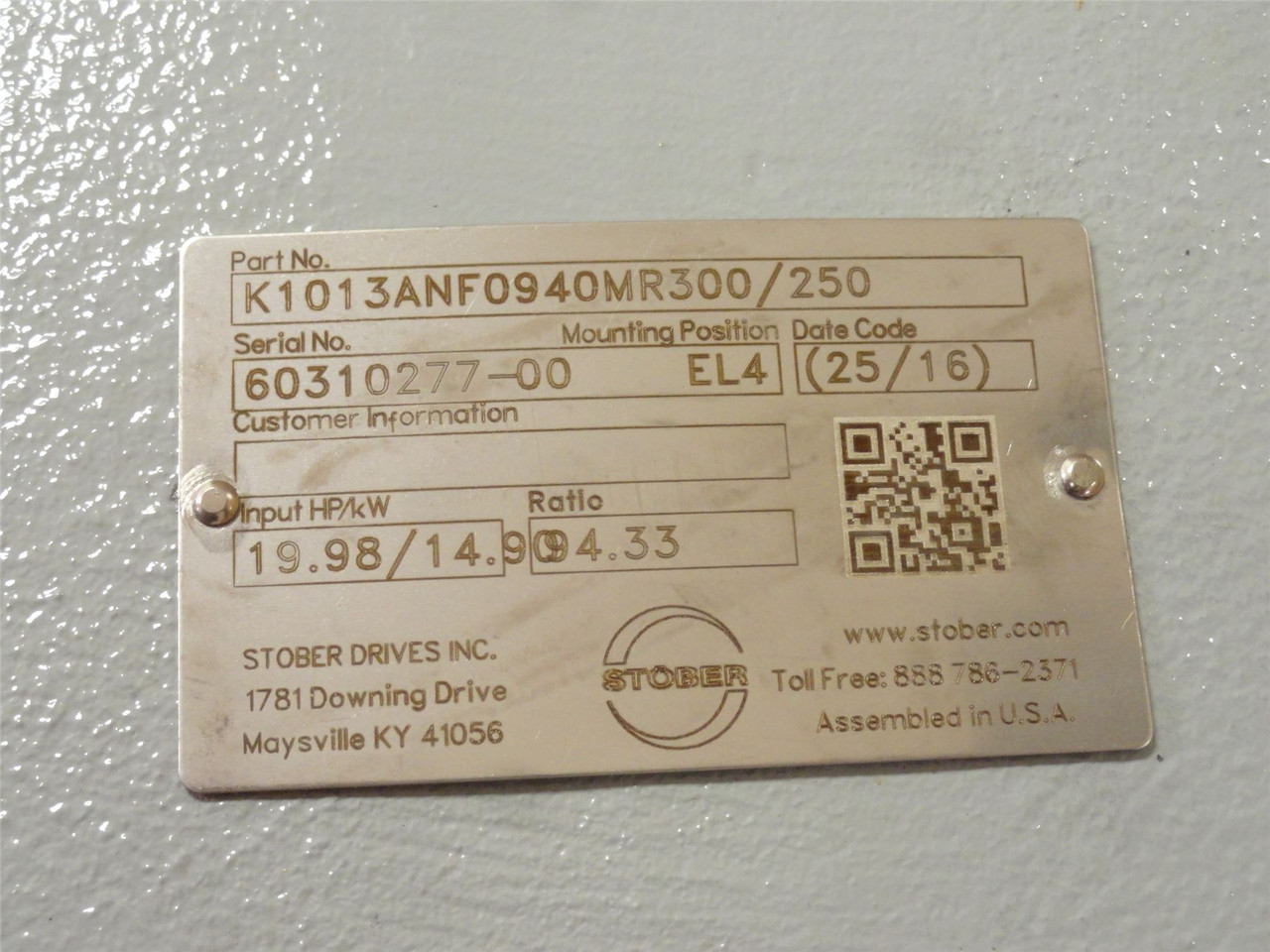 Stober K1013ANF0940MR300/250; Gearbox; 94.33:1 Ratio; RA