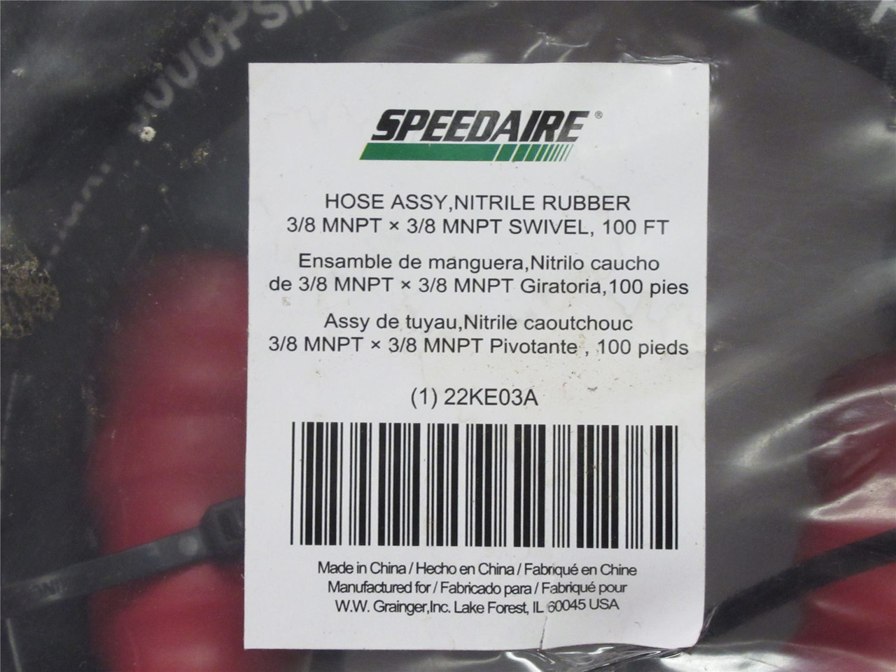 Speedaire 22KE03A; Hose Assembly; 3/8"MNPT X 3/8"MNPT; 100'Ft