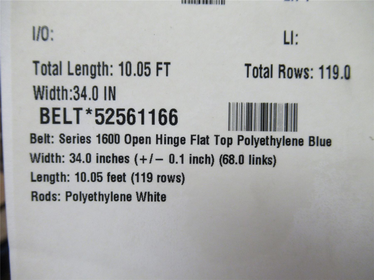 Intralox 52561166; Series1600 Flat Top Belt; 34"W x 10'L