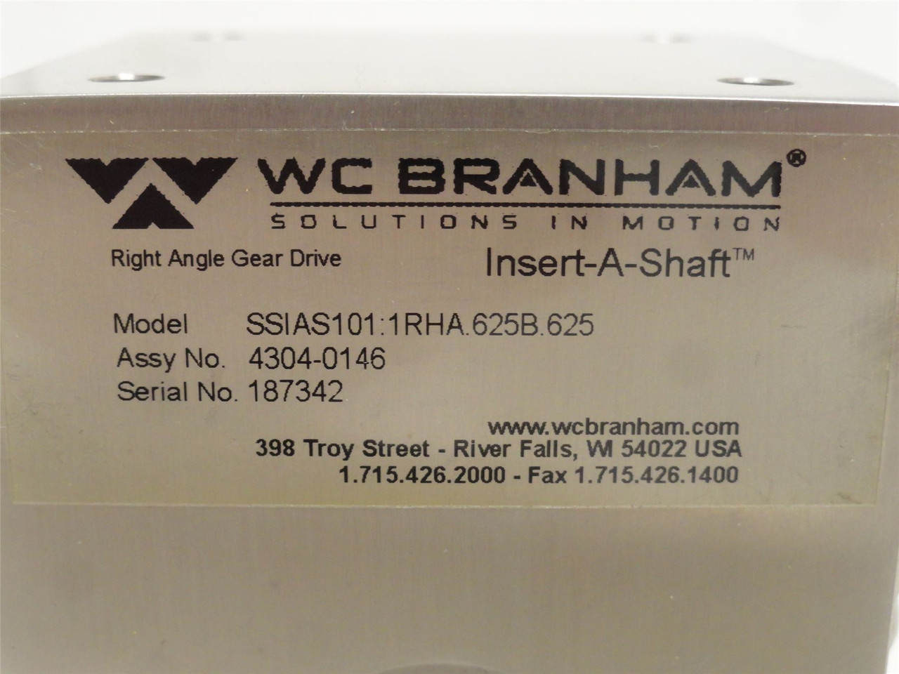 WC Branham 4304-0146; Gearbox; SS-304; RA; 1:1 Ratio; 5/8"ID