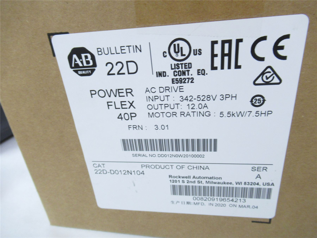 Allen-Bradley 22D-D012N104; AC Drive 7.5HP 440VAC