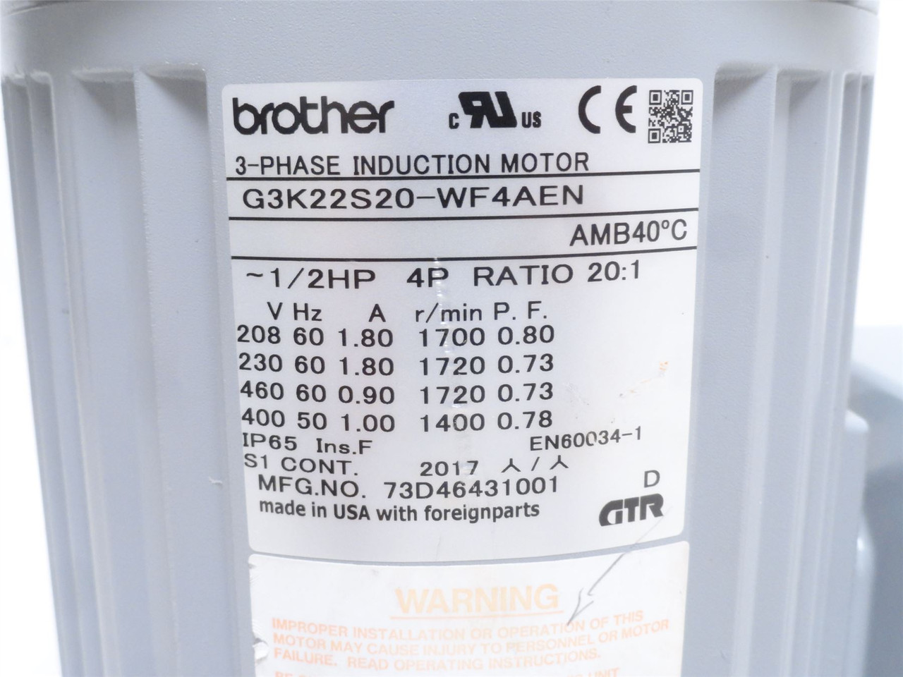 Brother G3K22S20-WF4AEN; AC Gearmotor 1/2HP 230/460 VAC 20:1