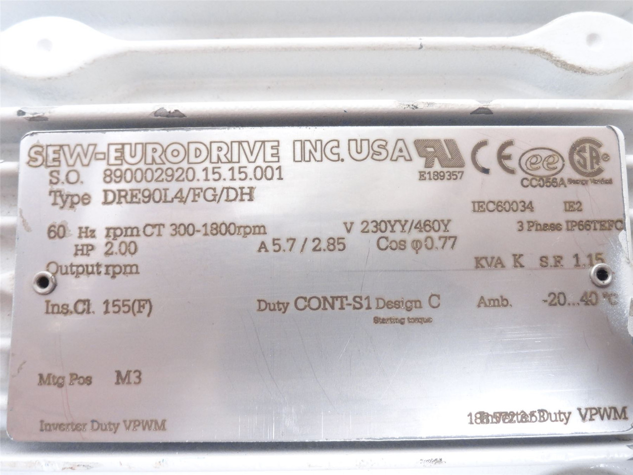 SEW DRE90L4/FG/DH; AC Motor; 2HP; 230/460V; 1800RPM; 3PH