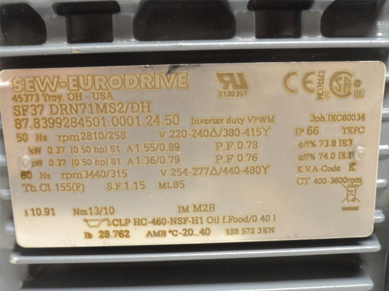 SEW SF37DRN71MS2; AC Gearmotor; 11:1 Ratio; Broken Shroud