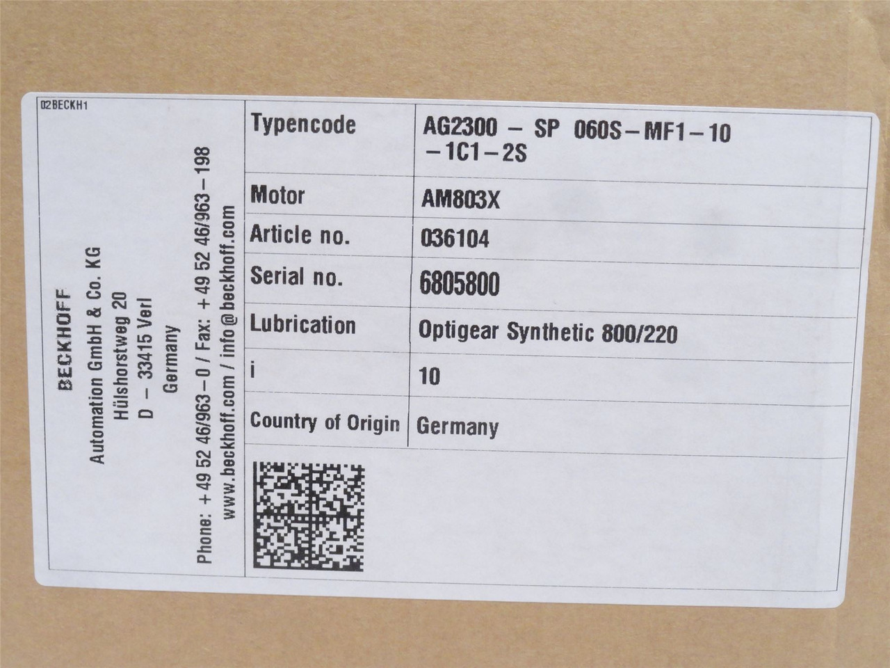 Beckhoff AG2300-SP-060S-MF1-10-1C1-2S ; Gearbox; 10:1 Ratio