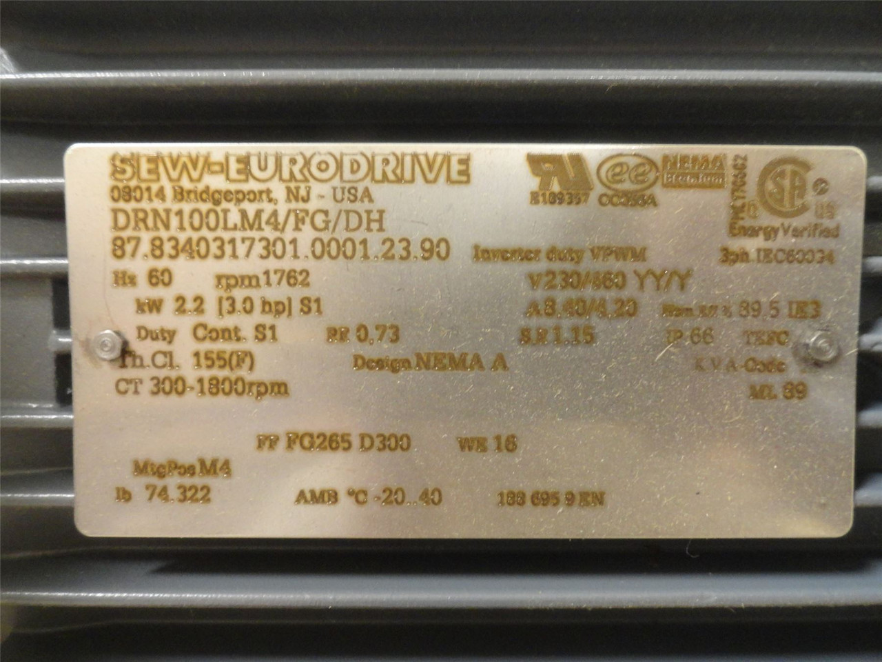 SEW DRN100LM4DH; AC Motor. 3HP/2.2kW; 230/460V; 1762RPM; 3PH