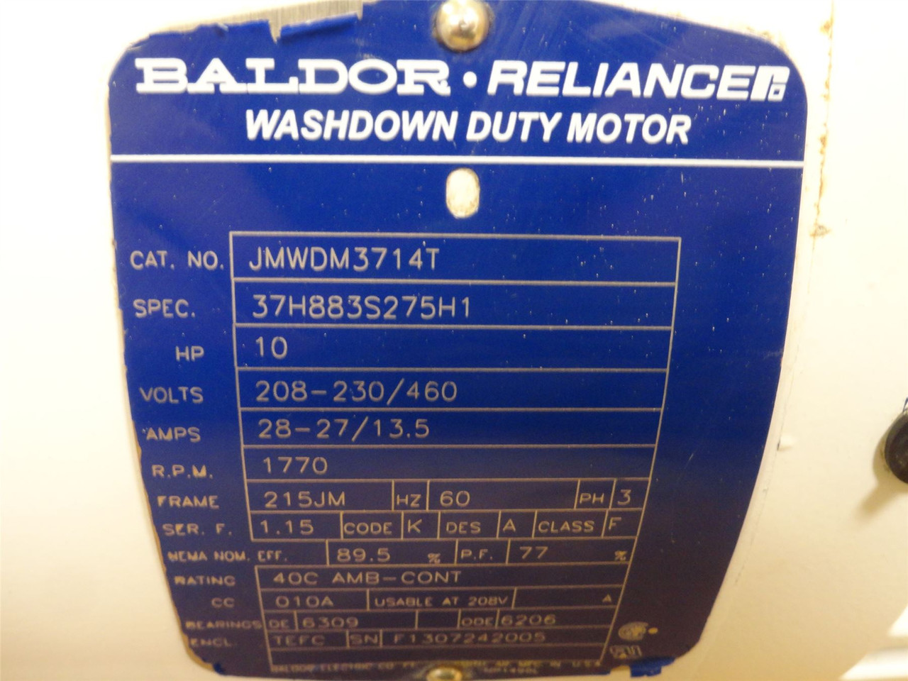 Baldor JMWDM3714T; AC Motor; 10Hp; 208-230/460V; 1770RPM; 3PH
