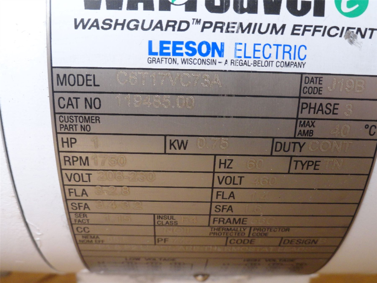 Leeson C6T17VC73A; AC Brake Motor 119485.00; 1HP 230/460V; 3PH