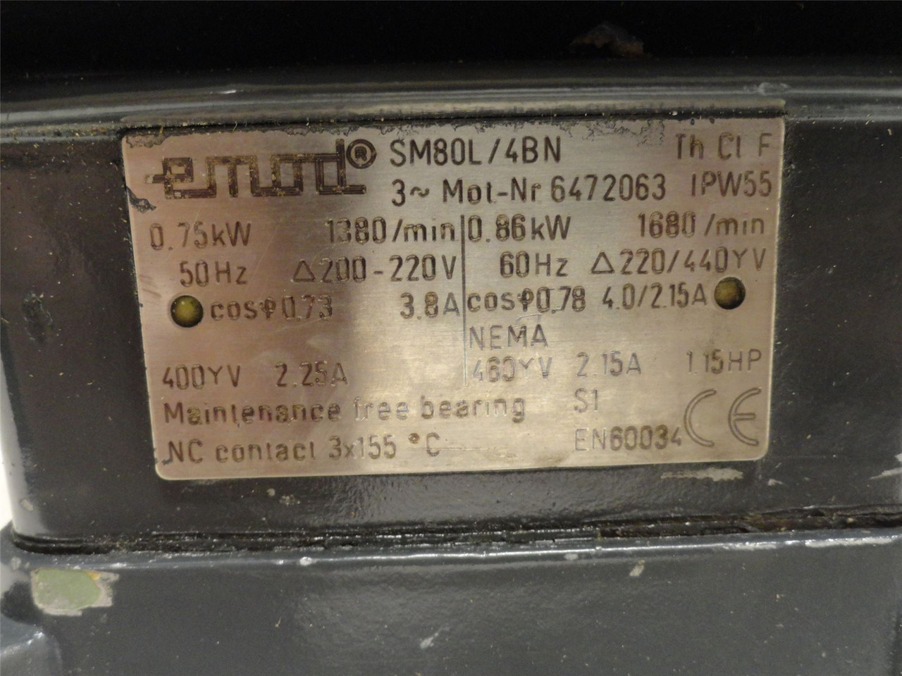 Emod SM80L/4BN; AC Motor; 1.15HP; 220/440V; 1680RPM; 3PH; 60Hz