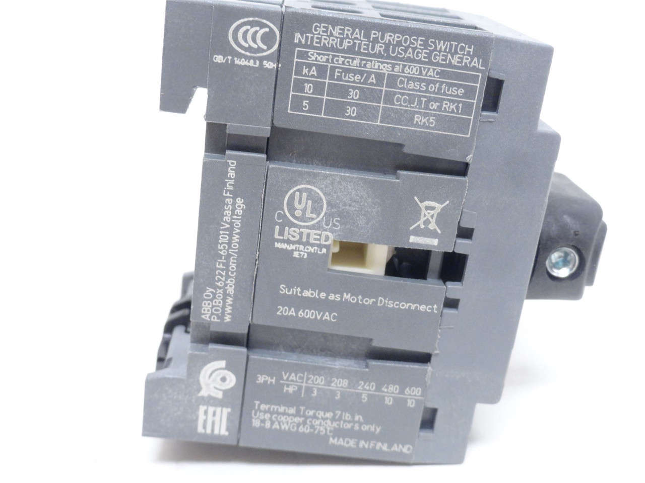 ABB OT16F3; Disconnect Switch; NON-Fused; 16A; 3P; 600VAC