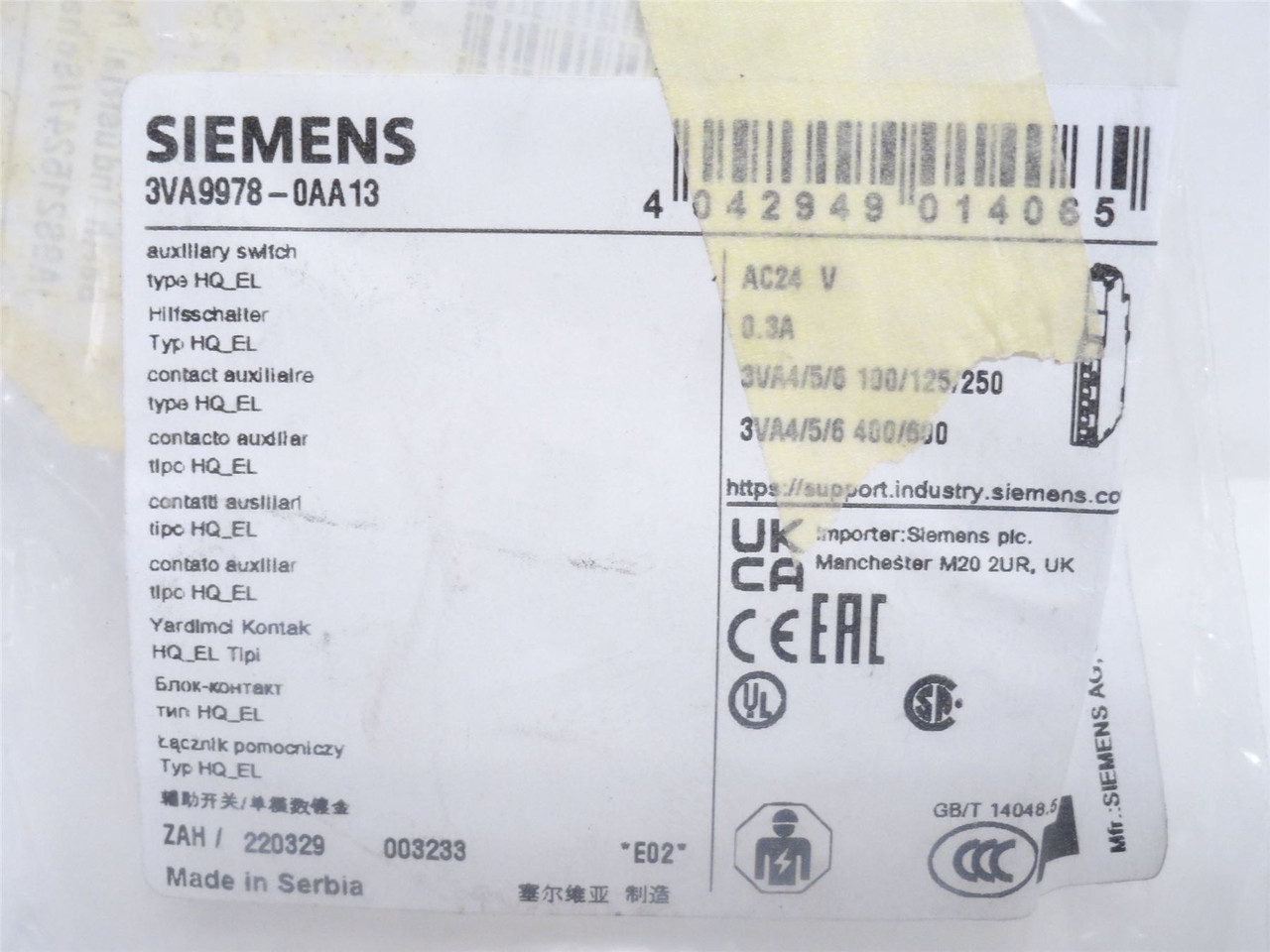 Siemens 3VA9978-0AA13; Aux Switch; 24VDC; 0.3A; 1-NO; 1-NC