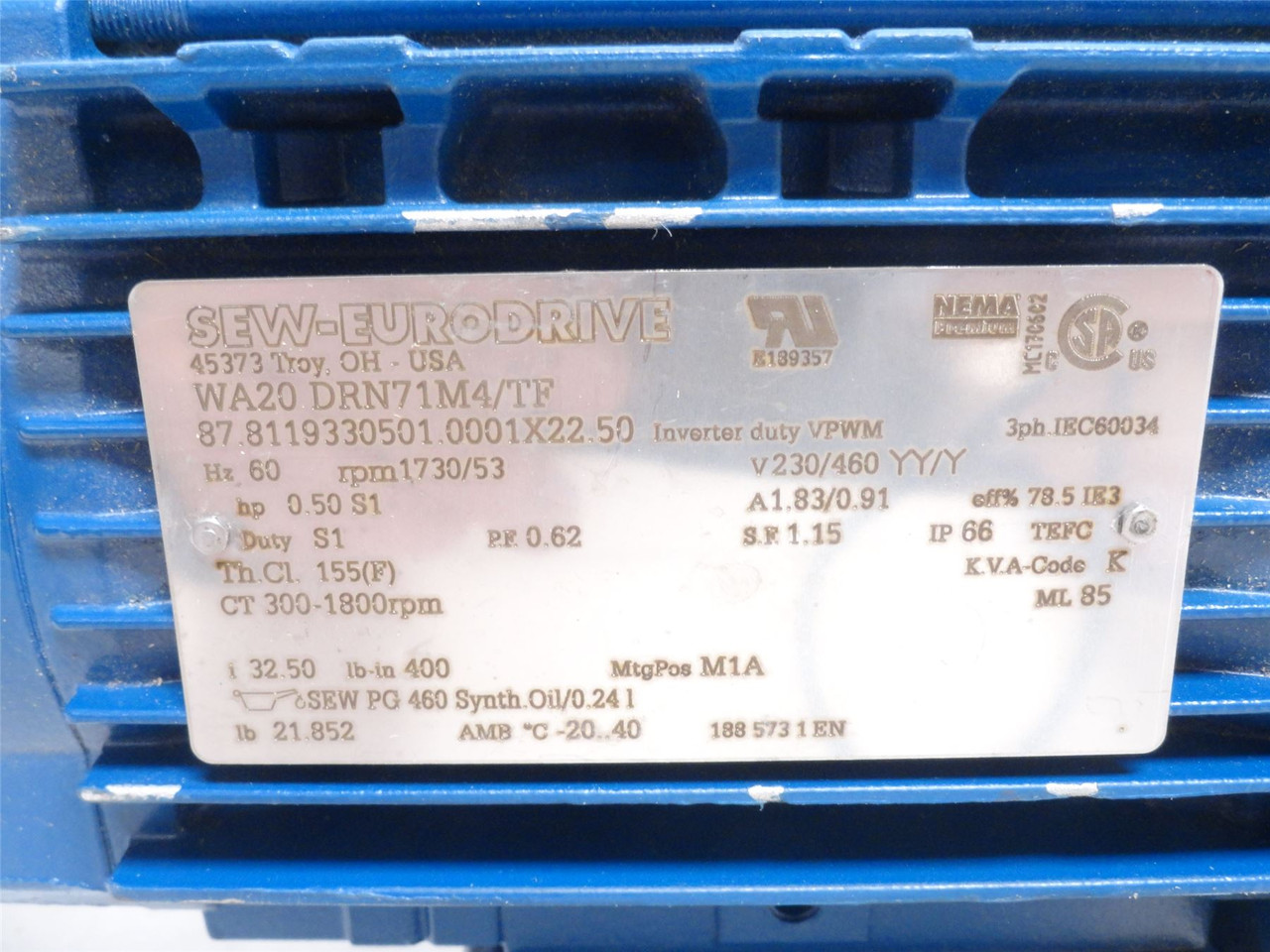 SEW WA20DRN71M4/TF; AC Gearmotor 32.5:1 Ratio; 1/2HP; 230/460V