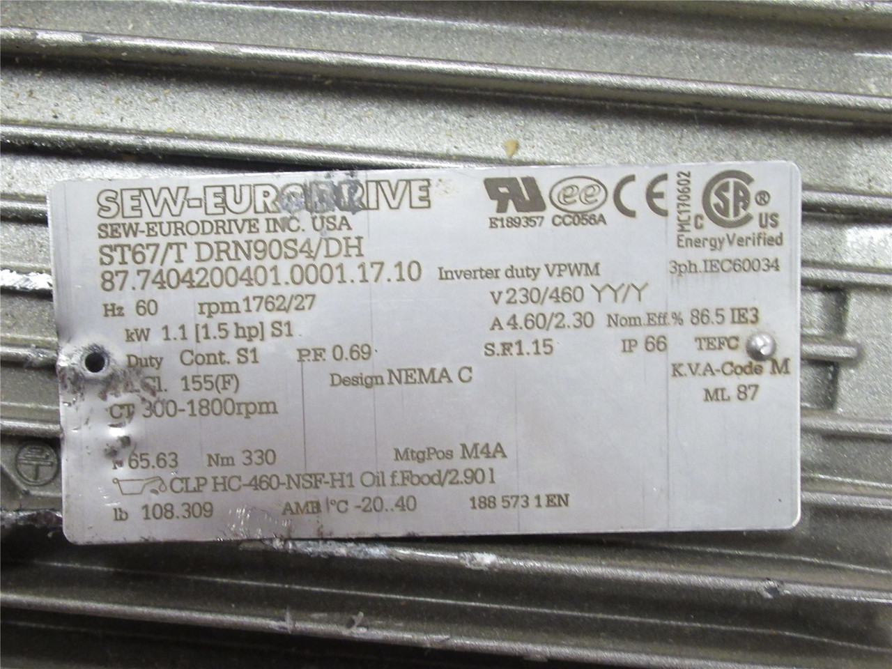 SEW ST67/T DRN90S4/DH; Gear Motor; 1.5HP; 65:1 Ratio; 1.375"ID