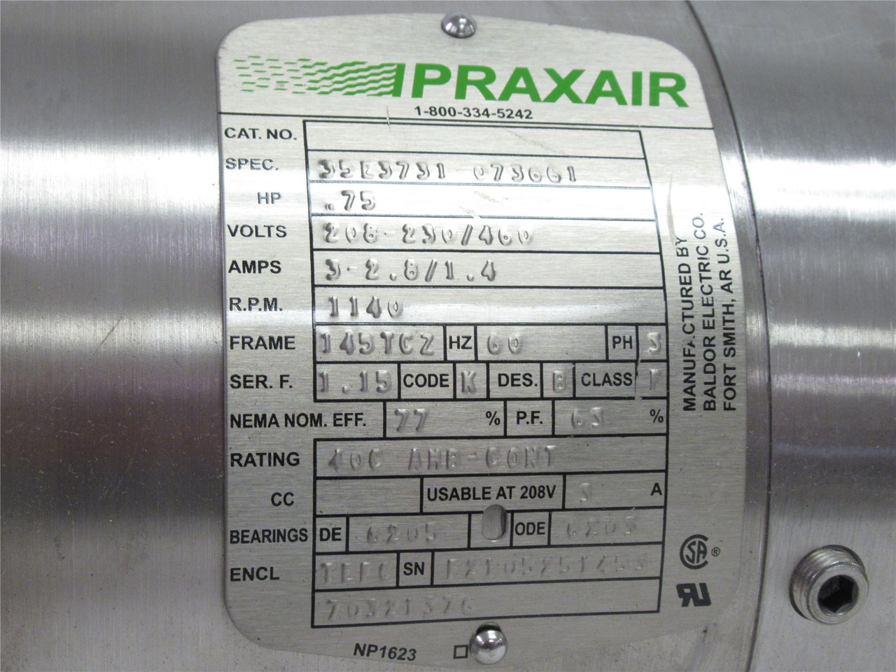 Baldor 35E3731-073661; SS AC Motor 3/4HP; 208-230/460V; 3Ph