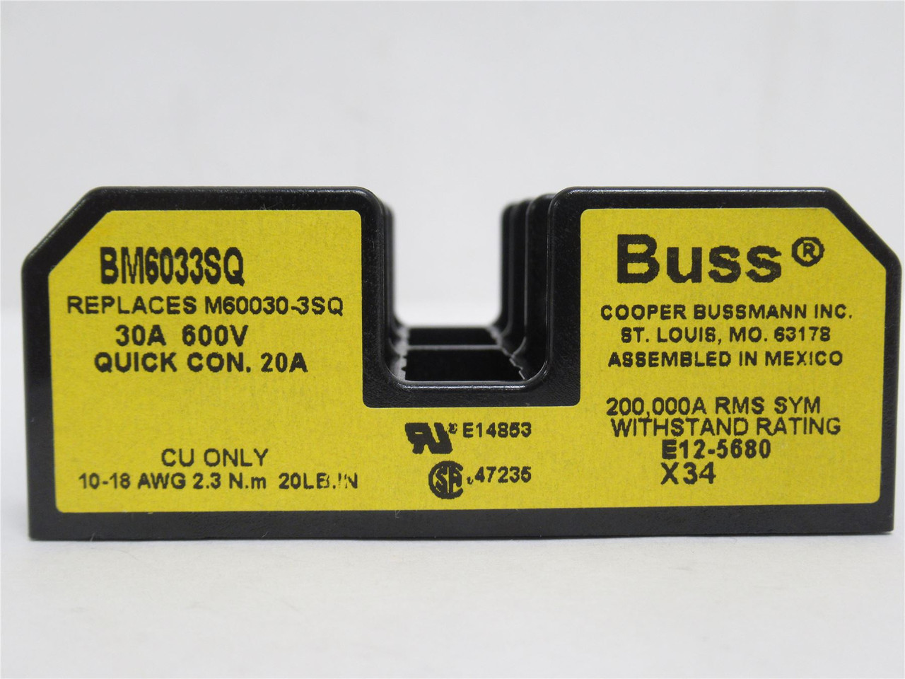 Bussmann BM6033SQ; Fuse Holder; 3P; 30A; 600VAC; 10AWG
