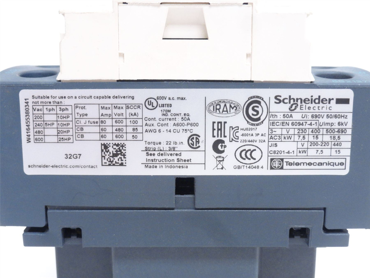 Schneider LC1D32G7; Contactor 32A; 3-Pole; 600V; Coil: 24VDC