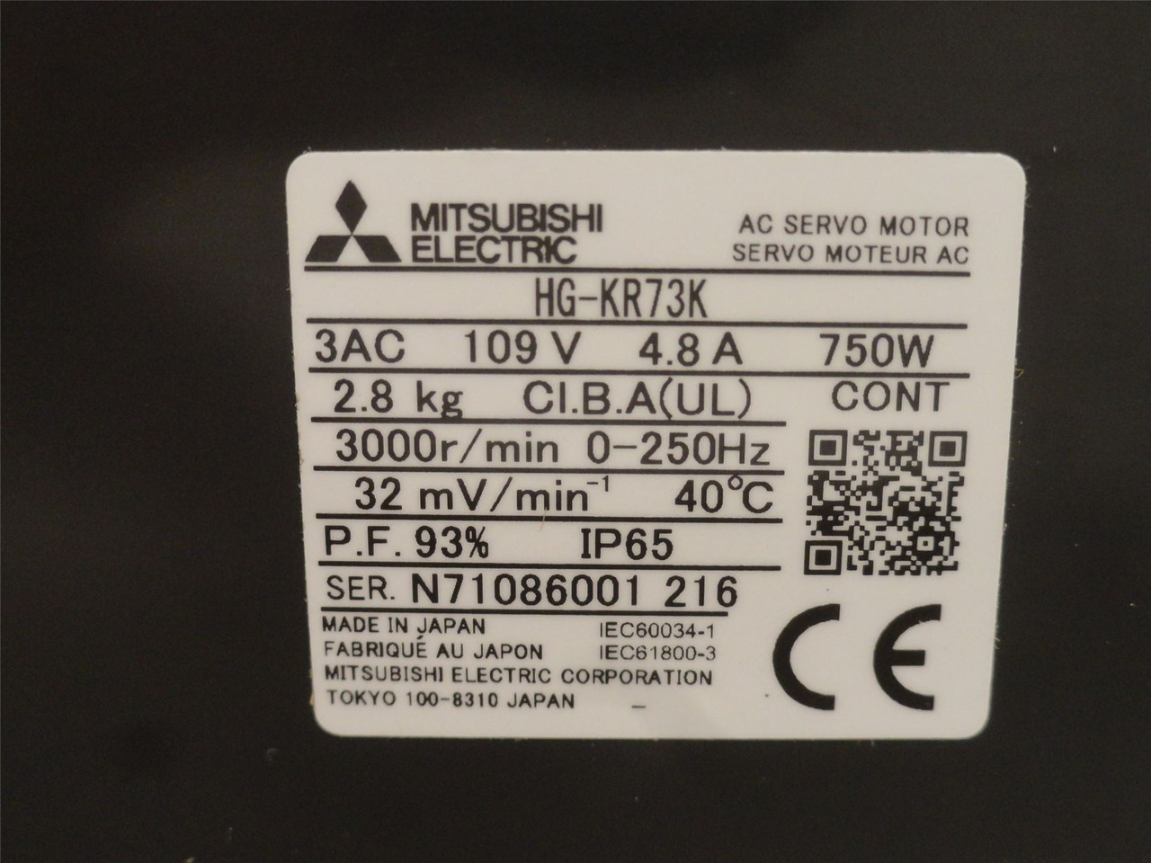 Mitsubishi HG-KR73K; Low-Inertia Rotary Servo Motor; 109VAC