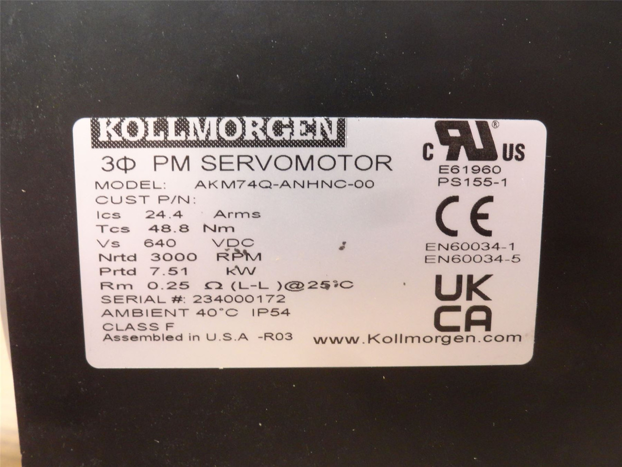 Kollmorgen AKM74Q-ANHNC-00; Servo Motor 7.5kW 640VDC; 3000RPM
