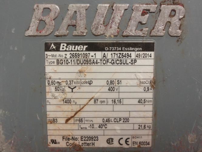 Bauer Z 26591097-1; Geared Motor; 0.37kW; 400V; 50Hz; 87RPM